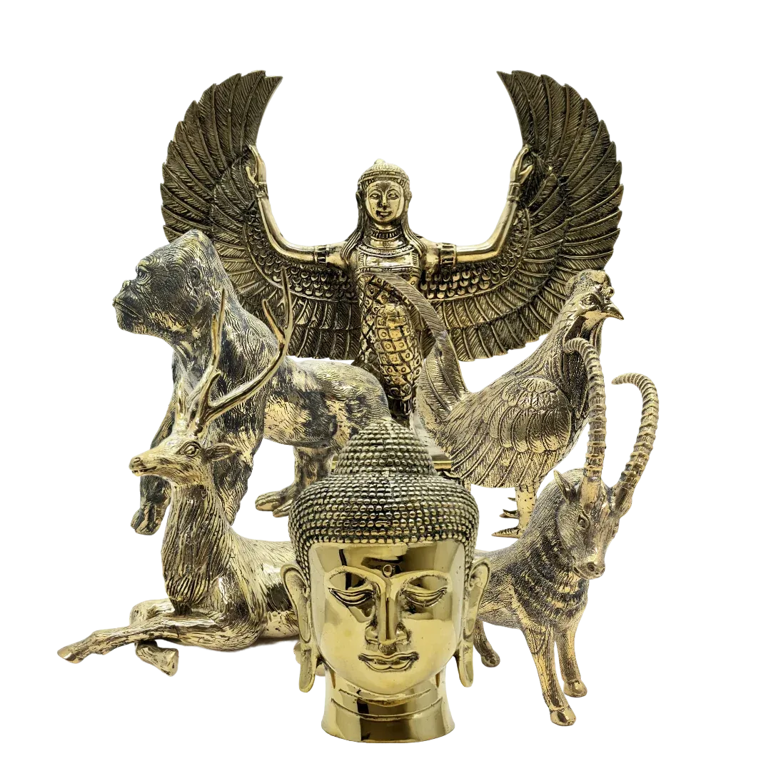 A group of Golden Hud bronze sculptures — winged goddess, gorilla, deer, rooster, ibex and Buddha head in gold finish